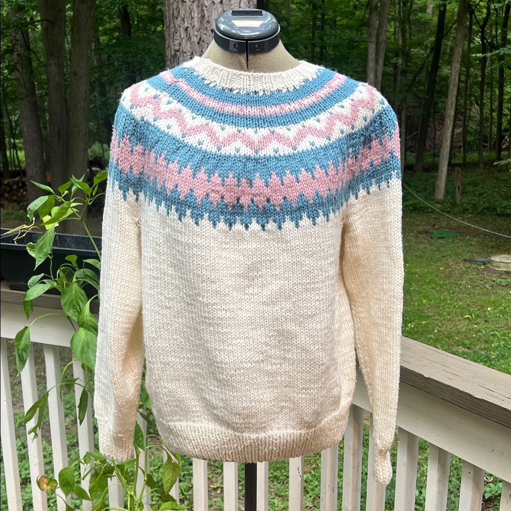 Vintage Late 80s Handmade Knit Sweater –Cream with Pink & Blue Fair Isle Pattern